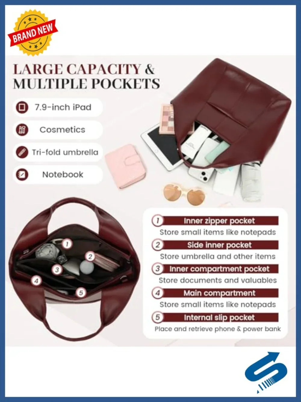 Vegan Leather Shoulder Bag Satchel Handbag with Multi Pockets Adjustable Strap